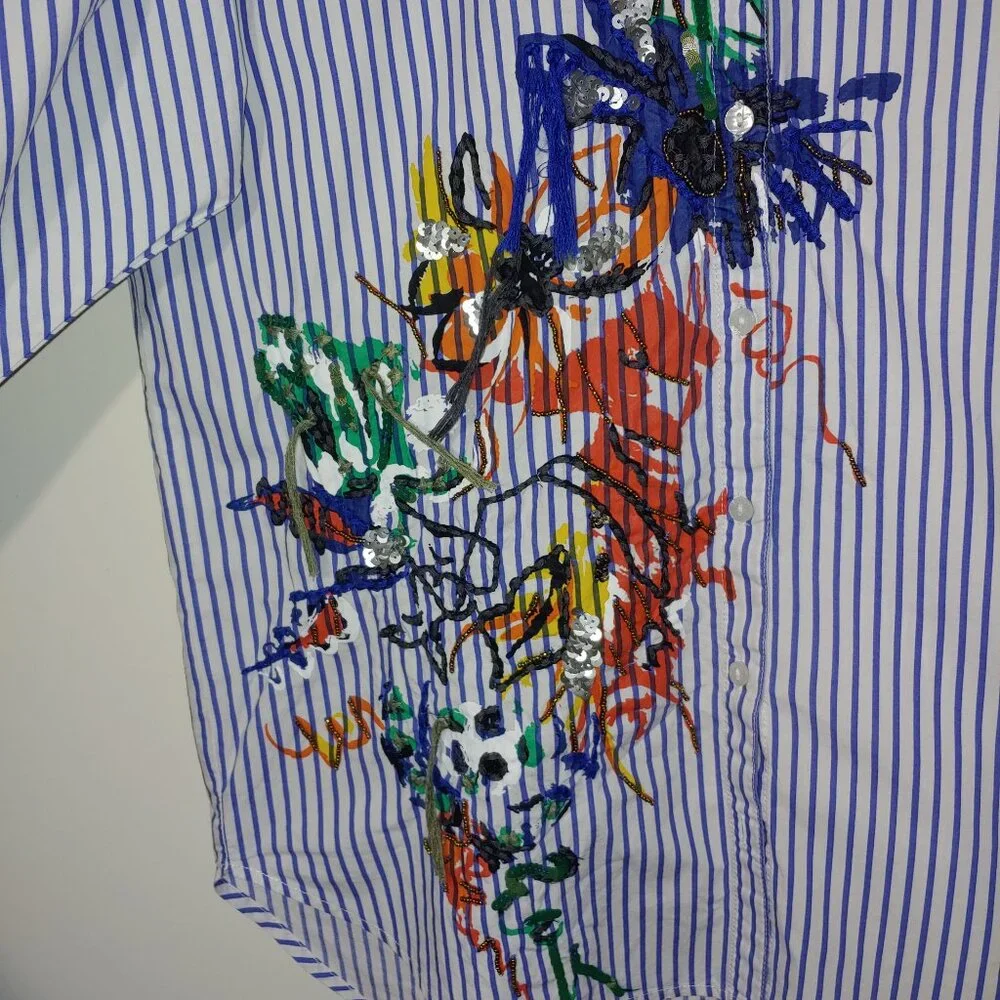 Zara Denim 3/4 Balloon Sleeves Blue White Stripes Embroidered Blouse Size XS